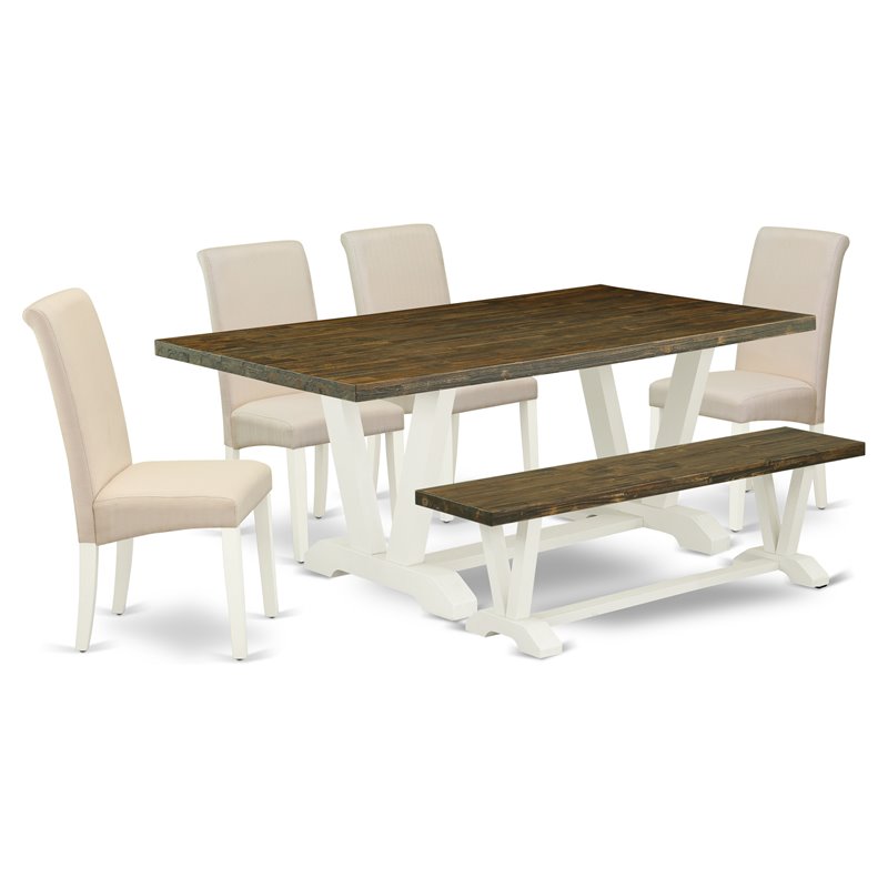 Pemberly Row 6-Piece Rubber Wood Dining Set with Bench in Cream White