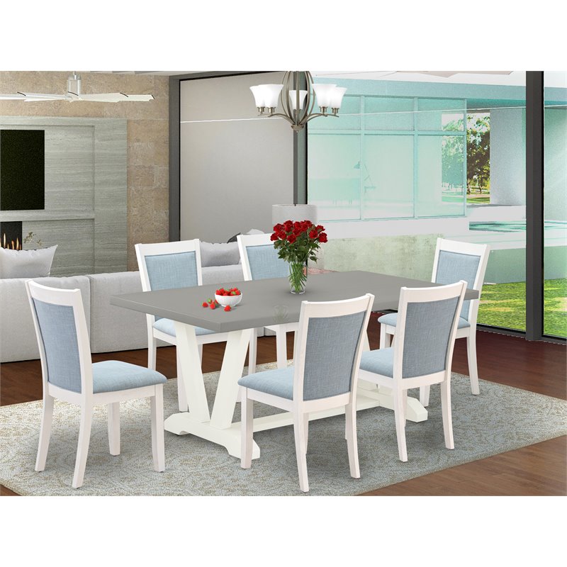 Pemberly Row 7-Piece Acacia Wood Dining Set in White/Blue/Cement