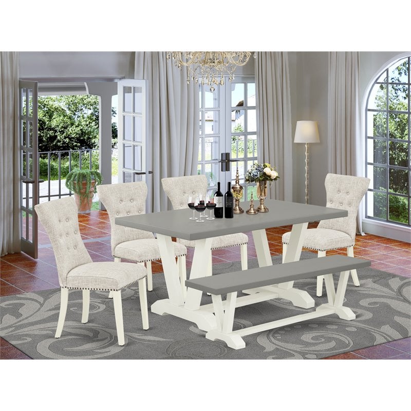 Pemberly Row 6-Piece Wood & Fabric Dining Set with Bench in White