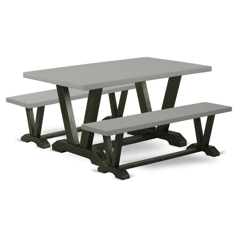 Pemberly Row 3-PC Wood Kitchen Set with Cement Table & Black Benches