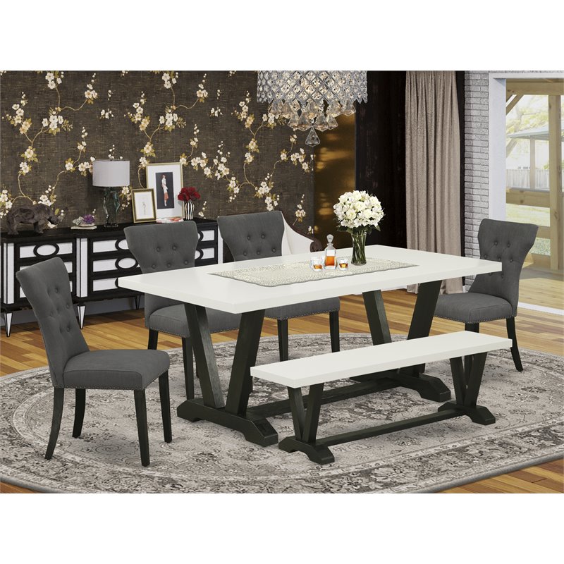 Pemberly Row 6-Piece Dining Set with Wooden Bench in Gotham Gray