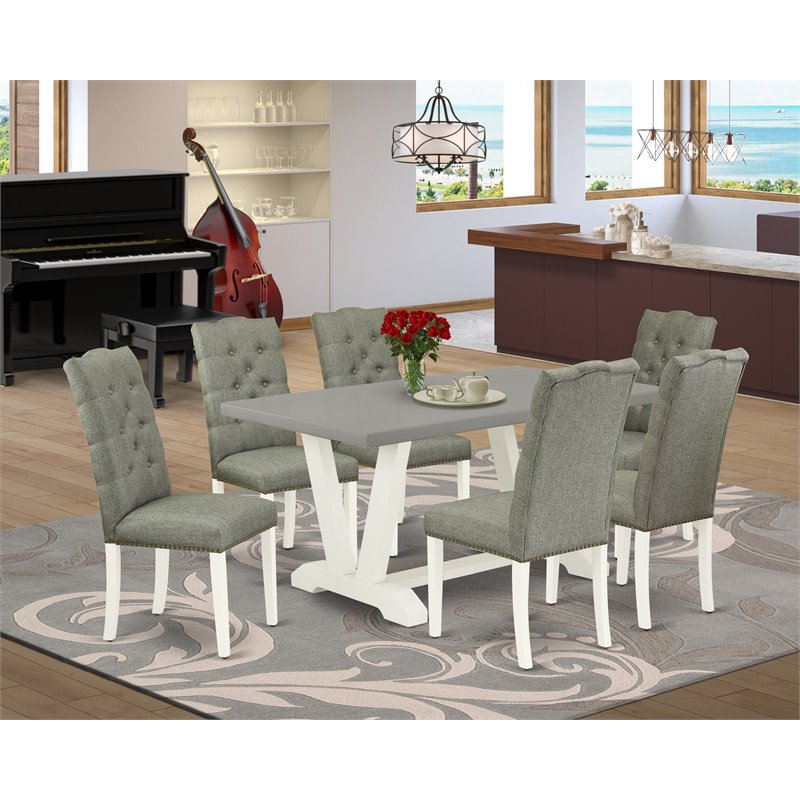 Pemberly Row 7-Piece Dining Set with Upholstered Chairs in Smoke Linen