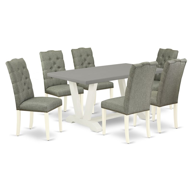 Pemberly Row 7-Piece Dining Set with Upholstered Chairs in Smoke Linen