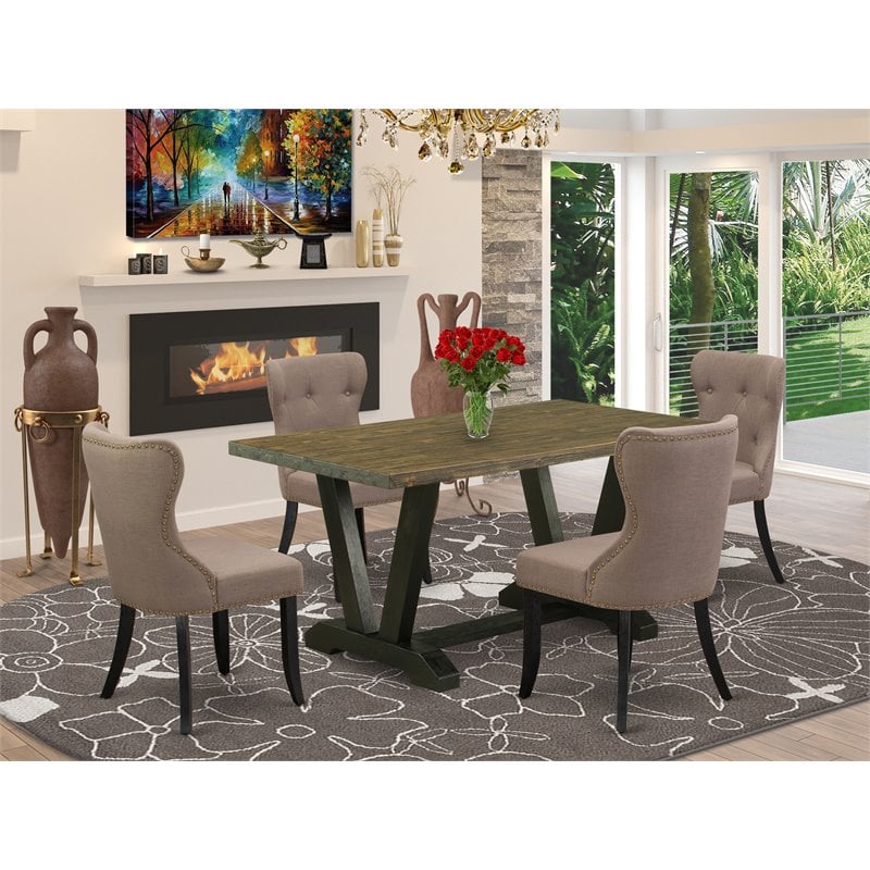 Pemberly Row 5-Piece Wood Dining Set with Coffee Linen Fabric Chairs