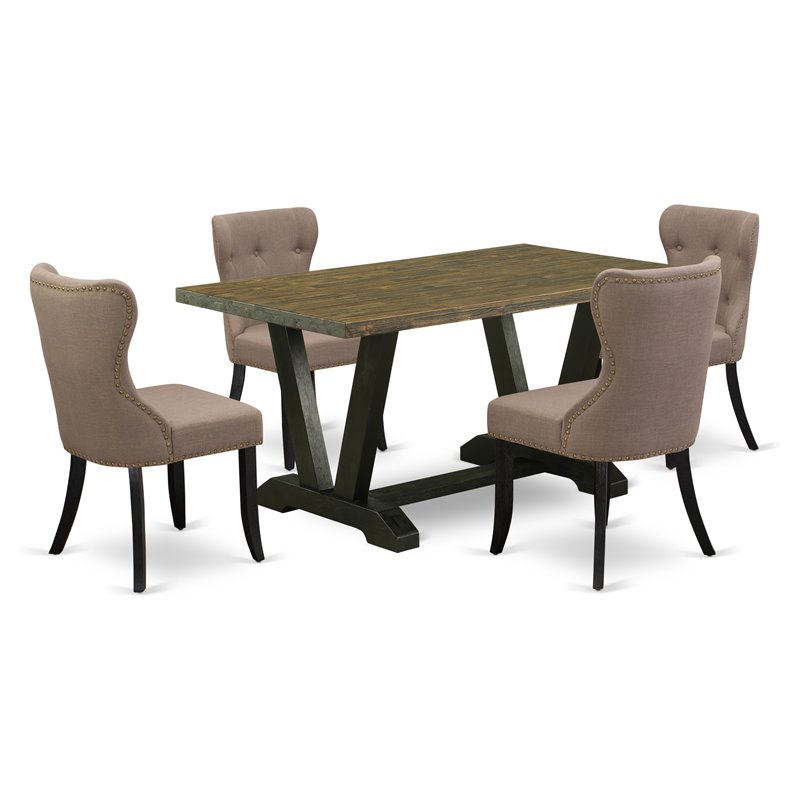 Pemberly Row 5-Piece Wood Dining Set with Coffee Linen Fabric Chairs