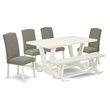 Pemberly Row 6-Piece Wood Dining Set with Bench in Linen White/Shitake