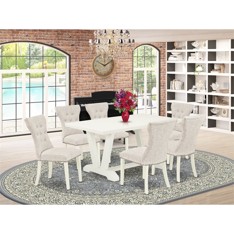 Pemberly Row 7-Piece Wood Dining Set in Doeskin Gray Linen Upholstery