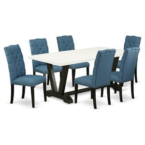 Pemberly Row 7-Piece Wood Dining Room Set in Black & Mineral Blue
