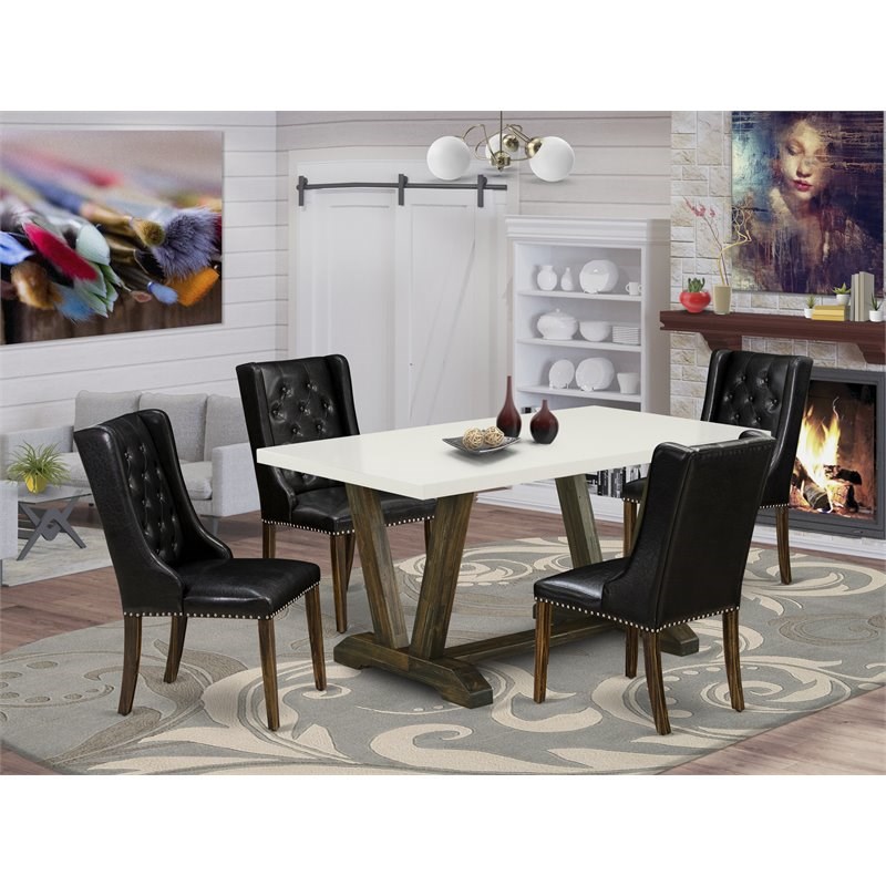 Pemberly Row 5-Piece Wood Dining Set in Jacobean & Black Upholstery