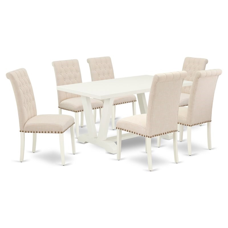 Pemberly Row 7-Piece Wood Dining Set in Linen White and Dark Shitake