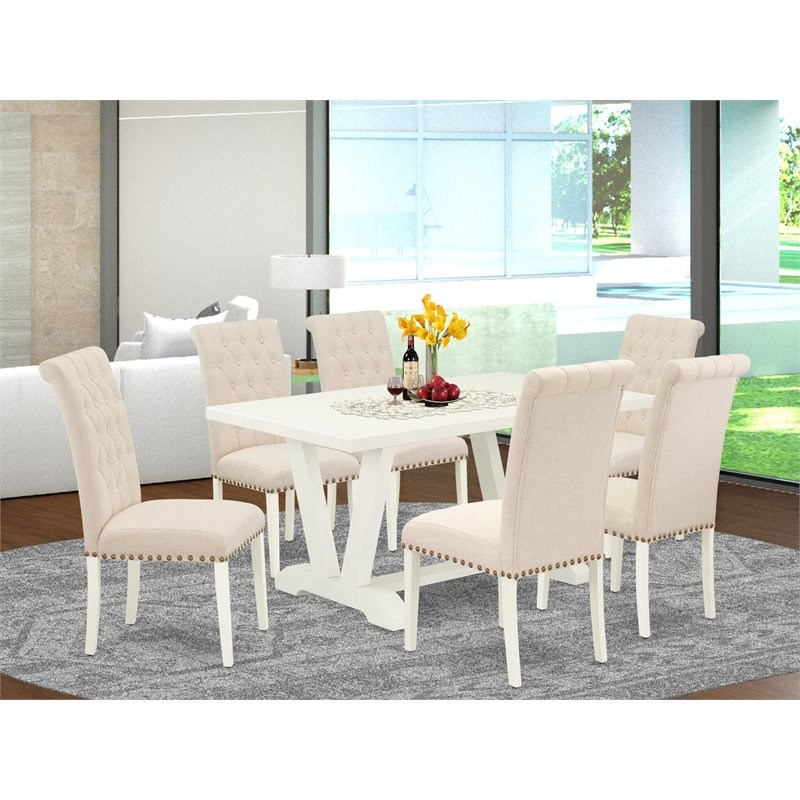 Pemberly Row 7-Piece Wood Dining Set in Linen White and Dark Shitake