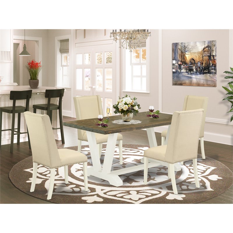 Pemberly Row 5-Piece Wood Dining Set in Linen White and Cream Upholstery
