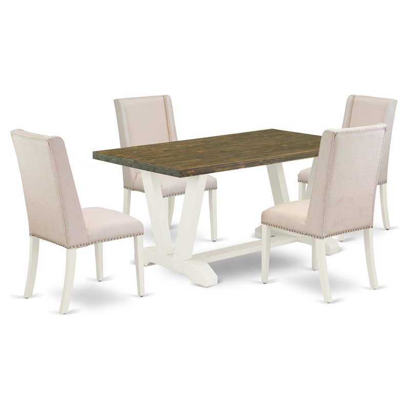 Pemberly Row 5-Piece Wood Dining Set in Linen White and Cream Upholstery