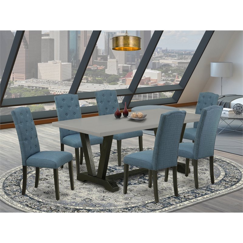 Pemberly Row 7-Piece Wood Dining Table Set in Black and Blue