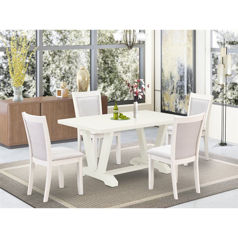 Pemberly Row 5-Piece Asian Wood Dining Set in Linen White and Cream