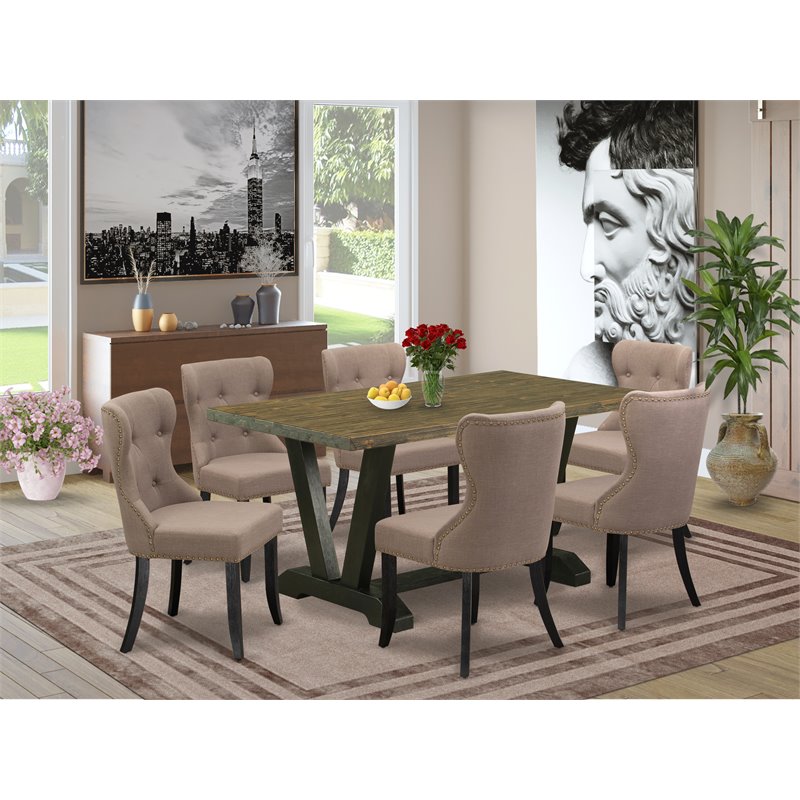 Pemberly Row 7-Piece Wood Dining Table Set with Upholstered Chairs