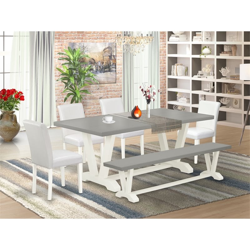 Pemberly Row 6-Piece Wood Kitchen Set in White and Cement with Bench