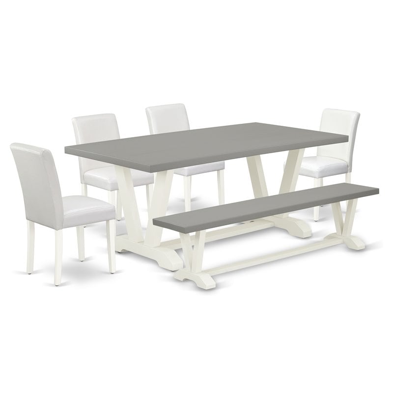 Pemberly Row 6-Piece Wood Kitchen Set in White and Cement with Bench