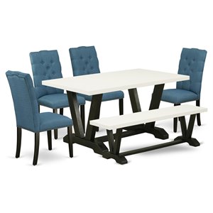 Pemberly Row 6-Piece Wood Dining Set in Wire Brushed Black and Mineral Blue