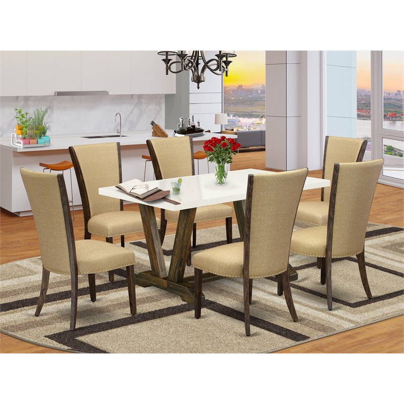 Pemberly Row 7-Piece Wood Dining Set in White and Jacobean Brown