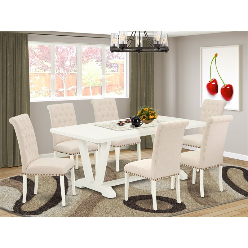 Pemberly Row 7-Piece Dining Set with Linen Chairs in White & Dark Shitake