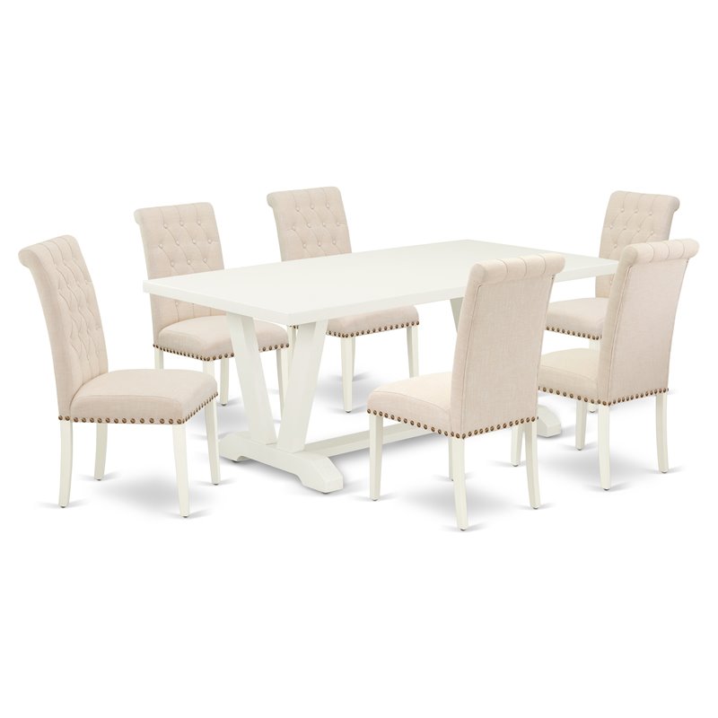 Pemberly Row 7-Piece Dining Set with Linen Chairs in White & Dark Shitake