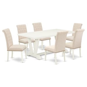 Pemberly Row 7-Piece Dining Set with Linen Chairs in White & Dark Shitake