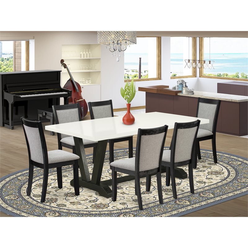 Pemberly Row 7-Piece Wood Dining Set in Linen White/Shitake Gray & Black