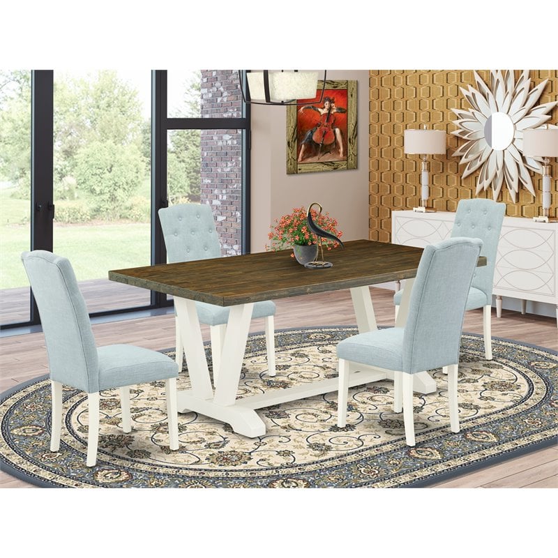 Pemberly Row 5-Piece Dining Set in Linen White with Baby Blue Chairs