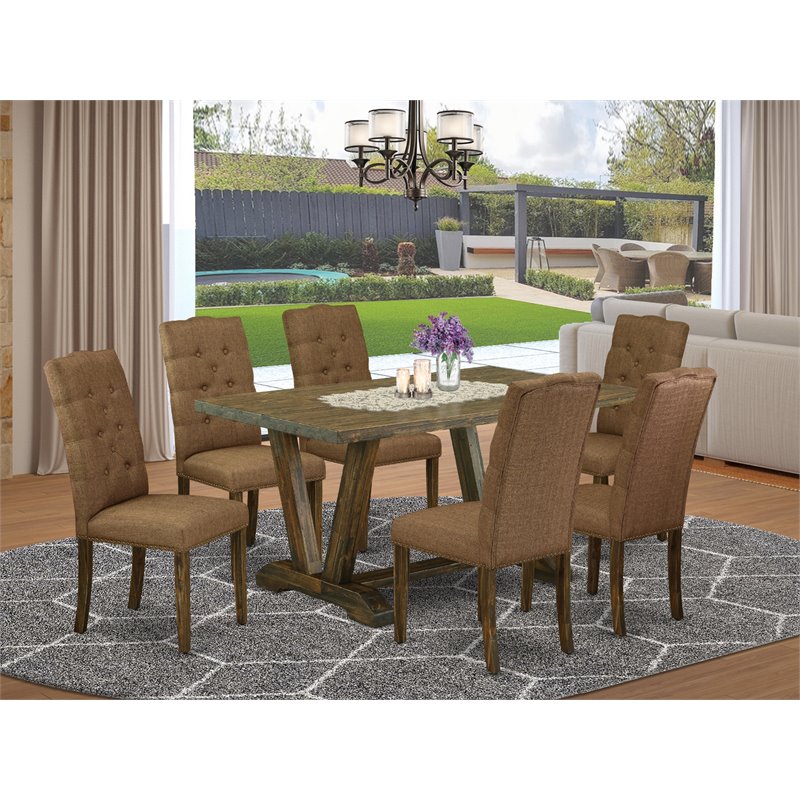 Pemberly Row 7-Piece Dining Set with Tufted Cream Chairs in Brown Smoke