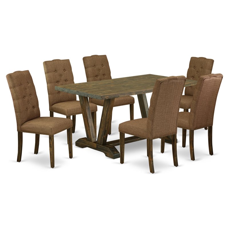 Pemberly Row 7-Piece Dining Set with Tufted Cream Chairs in Brown Smoke