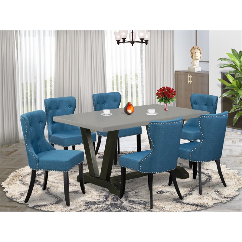 Pemberly Row 7-Piece Wood Dining Set with Cement Finish Upholstery