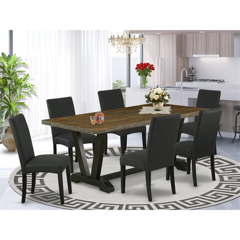 Pemberly Row 7-Piece Dining Set with Fabric Chairs in Brown and Black