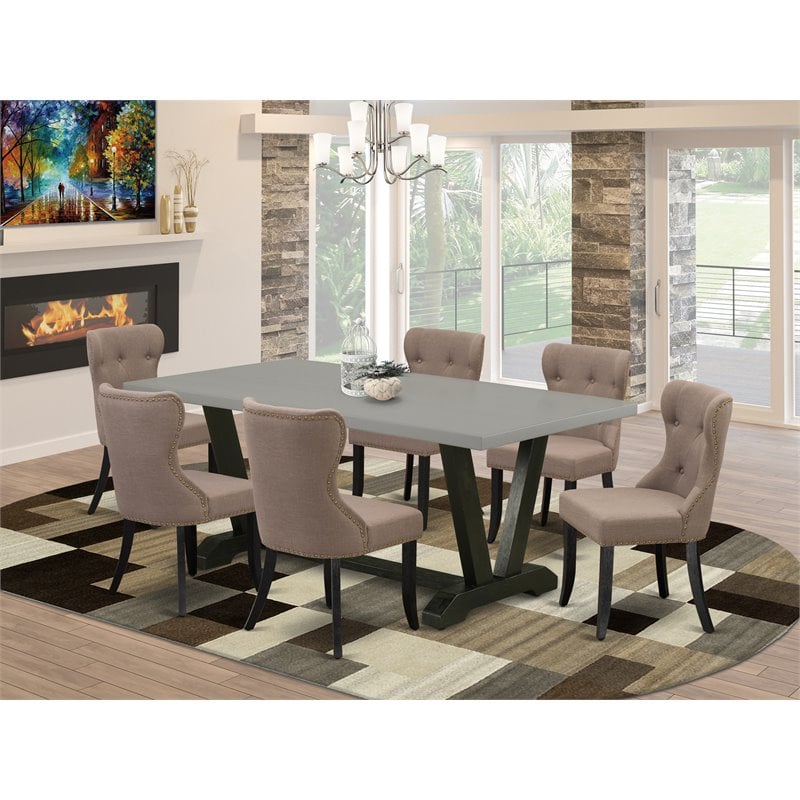 Pemberly Row 7-Piece Wood Dining Set with Coffee Linen Fabric Chairs