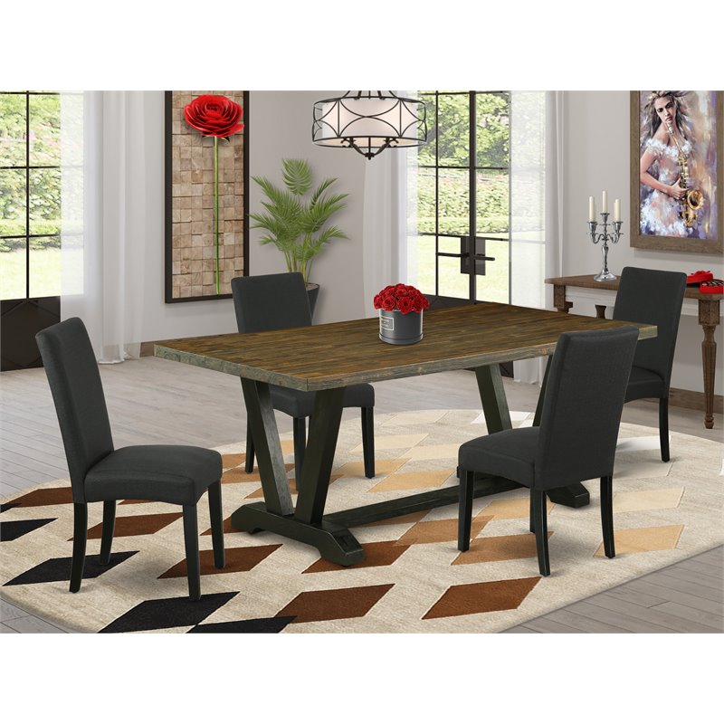 Pemberly Row 5-Piece Wood Dining Set with Parson Chairs in Black Linen