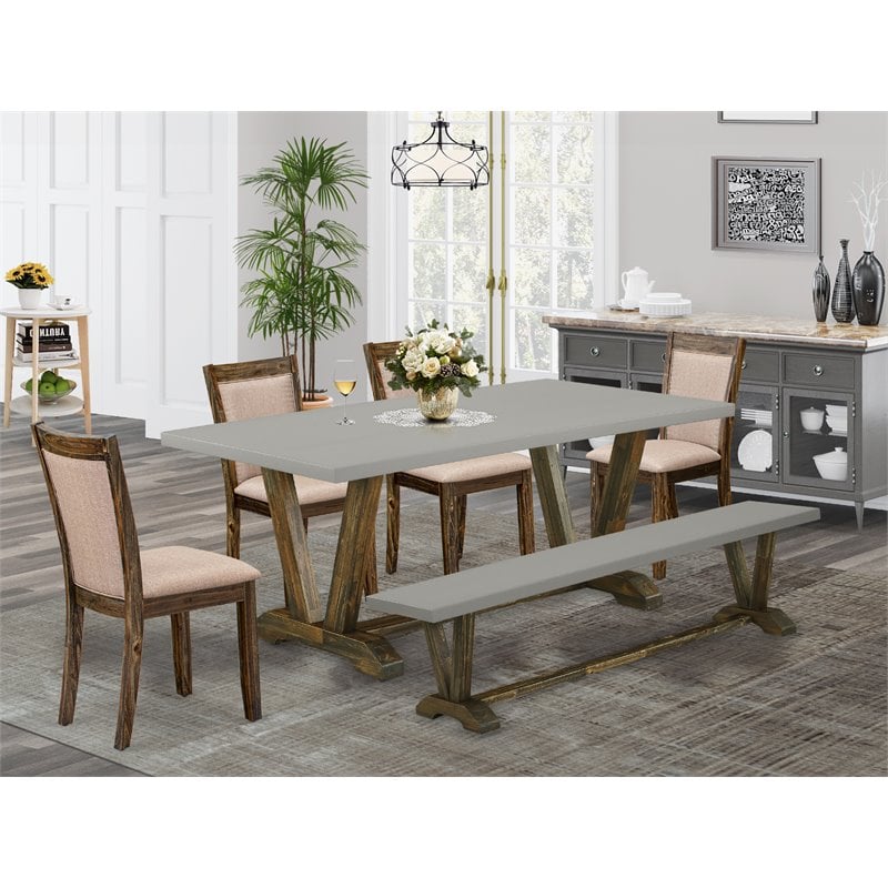 Pemberly Row 6-Piece Rubber Wood Dining Set with Bench in Cement Gray