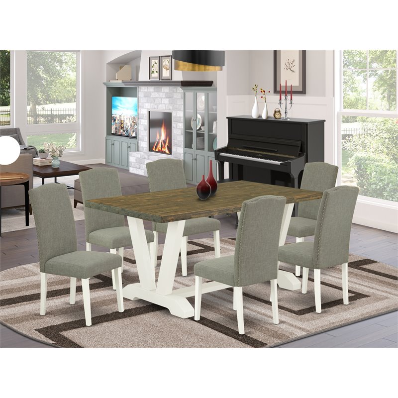 Pemberly Row 7-Piece Wood Dining Table Set in Linen White and Dark Shitake