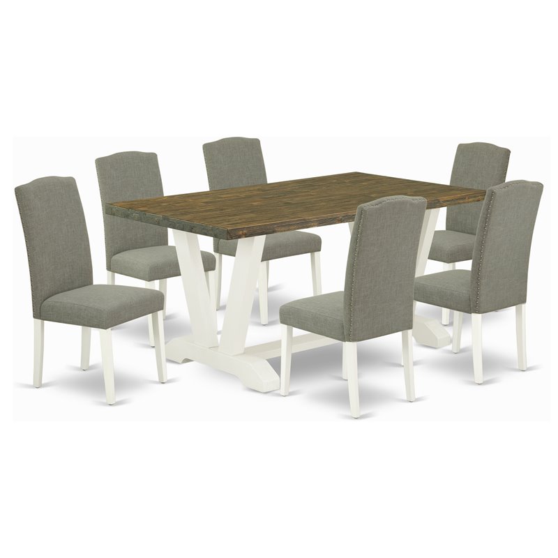 Pemberly Row 7-Piece Wood Dining Table Set in Linen White and Dark Shitake