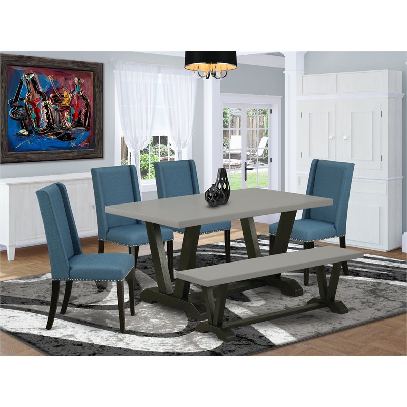Pemberly Row 6-Pc Wood Dining Set with Black Table and Cement Bench