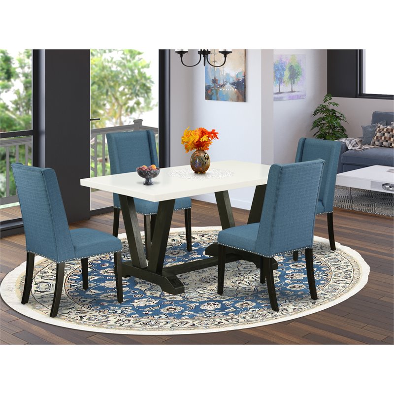 Pemberly Row 5-Piece Wood Dinette Set with Blue Parson Chairs in Black