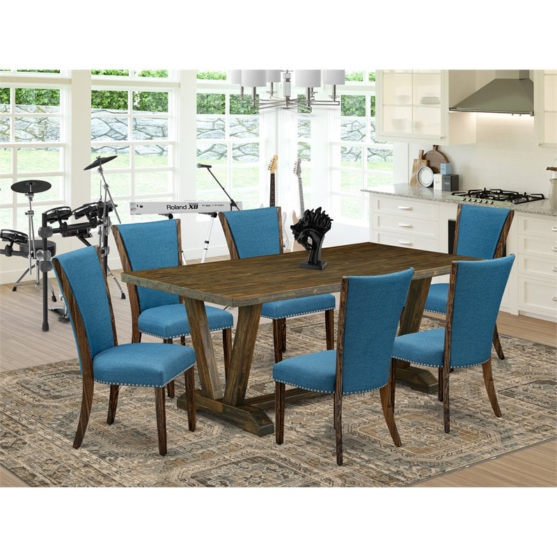 Pemberly Row 7-Piece Wood Dining Set with Blue Parson Chairs in Brown