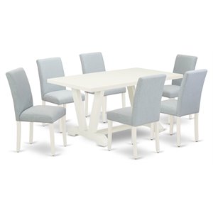 Pemberly Row 7-Piece Wood Dining Set in Linen White and Baby Blue Finish