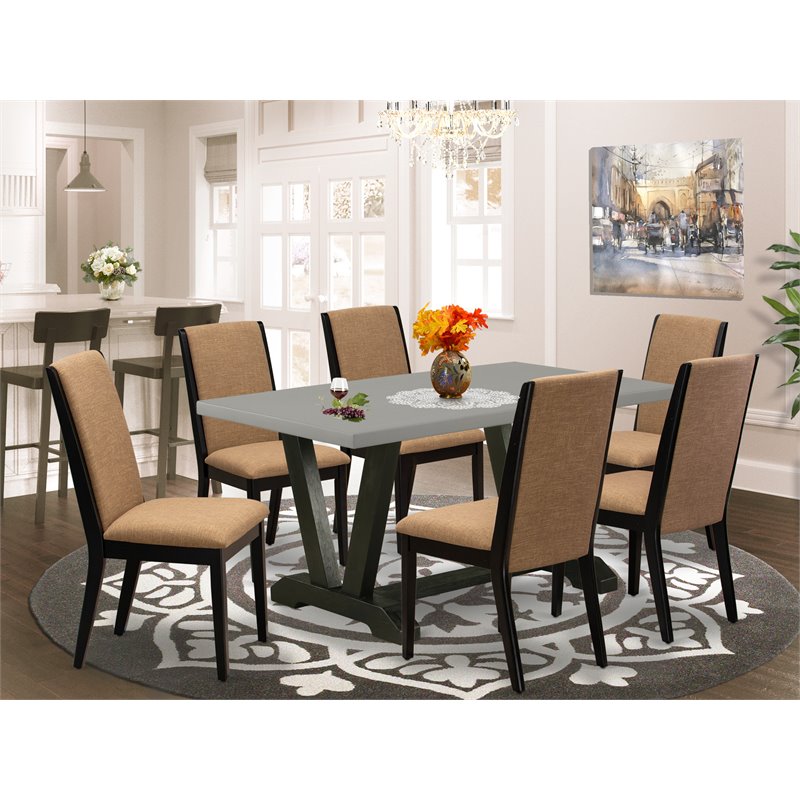 Pemberly Row 7-Piece Wood Dining Set with Linen Chairs in Black Finish