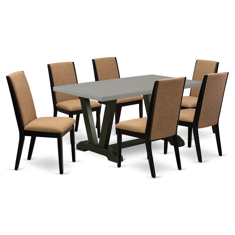 Pemberly Row 7-Piece Wood Dining Set with Linen Chairs in Black Finish