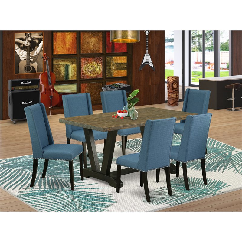 Pemberly Row 7-Piece Wood Dining Table Set with Blue Linen Chairs