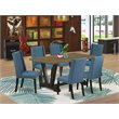 Pemberly Row 7-Piece Wood Dining Table Set with Blue Linen Chairs