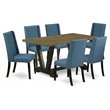 Pemberly Row 7-Piece Wood Dining Table Set with Blue Linen Chairs
