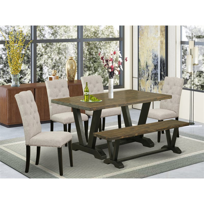 Pemberly Row 6-Piece Wood Dining Set with Bench and Doeskin Linen Chairs