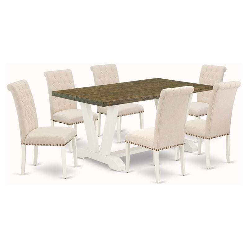 Pemberly Row 7-Piece Dining Table Set in White and Light Beige Finish