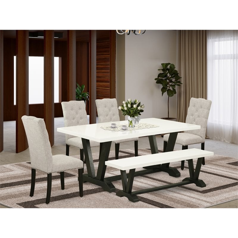 Pemberly Row 6-Piece Dining Set with Black Table Bench and Doeskin Chairs